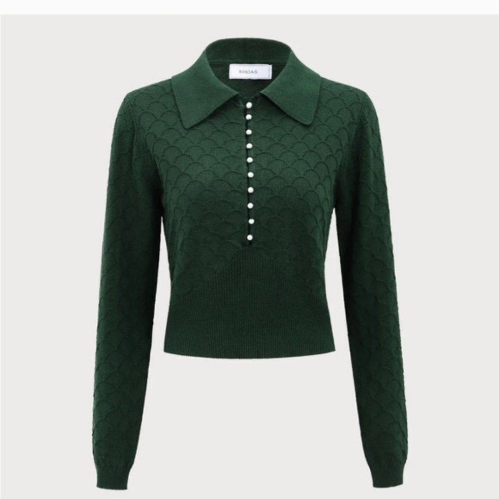 Rihoas Dark Green Scalloped Sweater With Pearl Buttons NWT - Picture 4 of 8